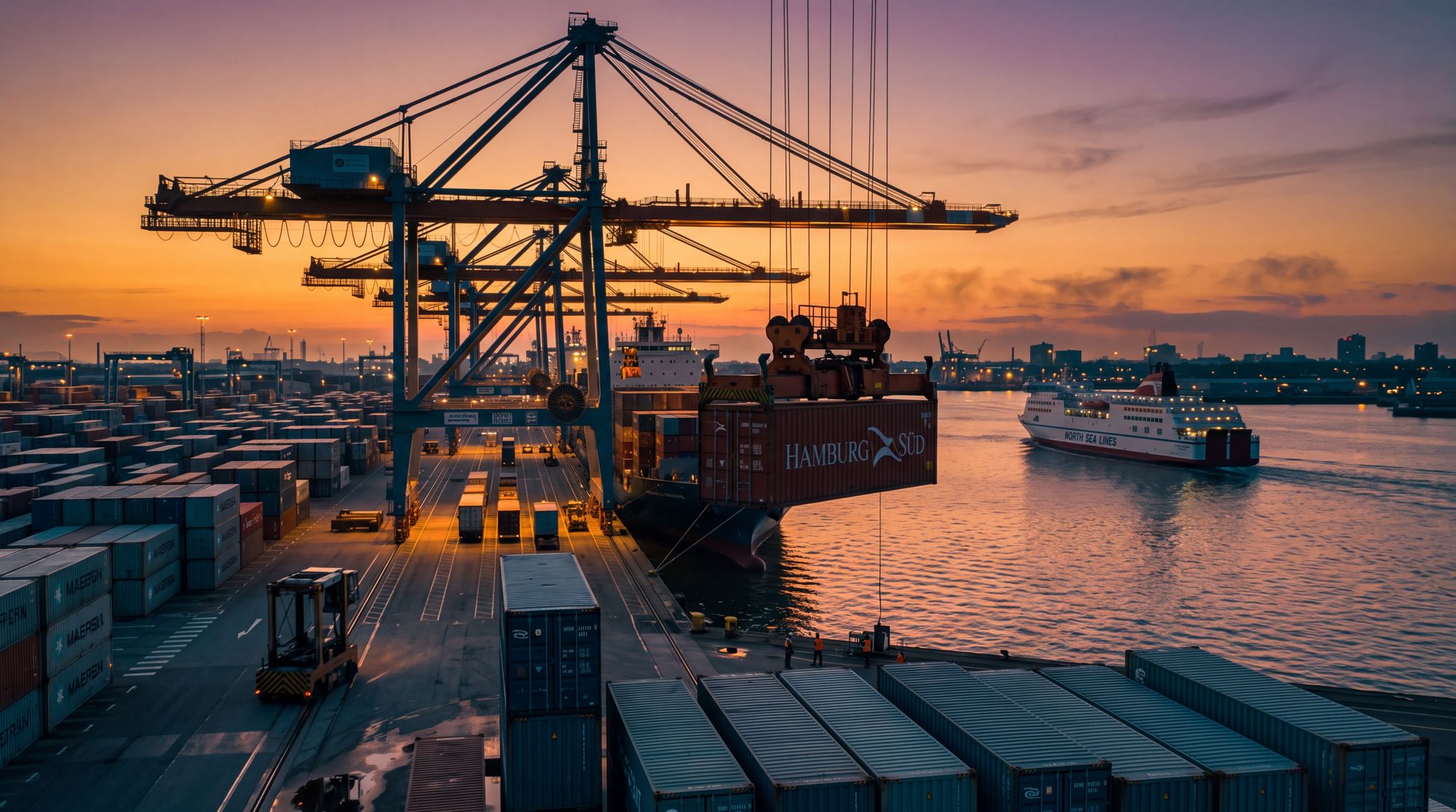 Container terminal with gantry cranes at dusk